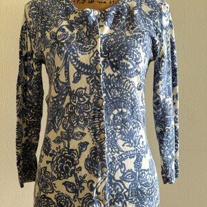 Elegant blue floral cardigan with delicate paisley pattern M